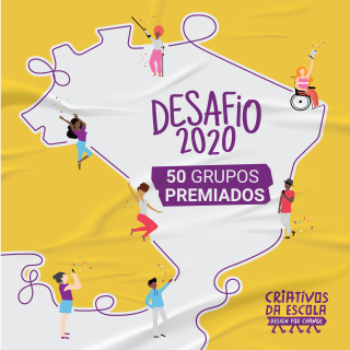 Capa de divulgação dos planos premiados Descrição da imagem: Arte com fundo amarelo com textura de papel colado com algumas rugas. Ao centro, há um mapa vazado do Brasil formado por linhas arredondadas. Ao longo da linha, há ilustrações de jovens fotografando, dançando, mexendo no celular, etc. No centro do mapa está escrito, Desafio 2020 - 50 grupos premiados