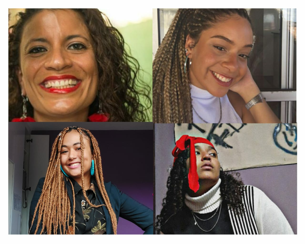 Montagem de 4 fotos com 3 adolescentes e uma mulher negra. Três delas sorriem para a câmera e outra olha para o lado.
