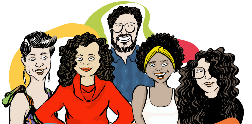 Ilustração de 5 pessoas adultas. Há 4 mulheres no plano principal, e um homem ao fundo. Há manchas coloridas no entorno.