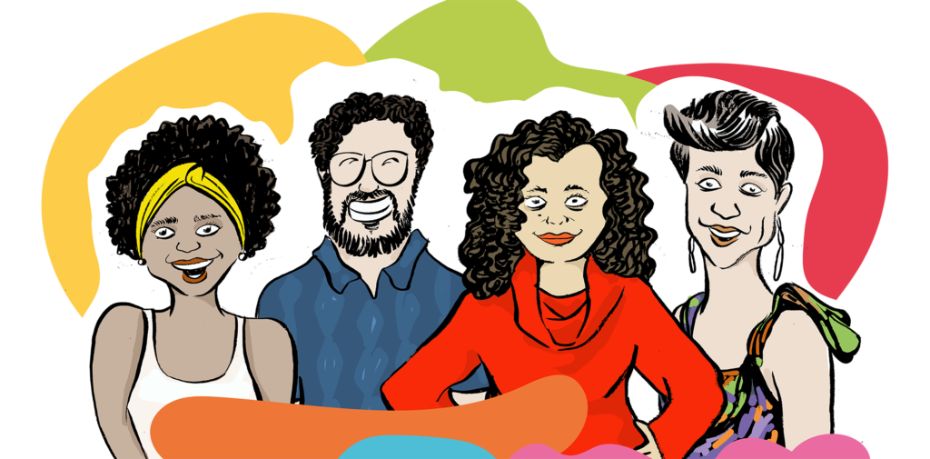 Ilustração de 4 pessoas adultas. Há 3 mulheres no plano principal, e um homem ao fundo. Há manchas coloridas no entorno.