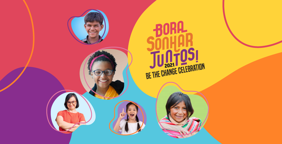 Arte com manchas coloridas e fotos de crianças de diversas etnias em formas arredondadas. No canto direito, há o logo da BTC Brasil Bora Sonhar Juntos