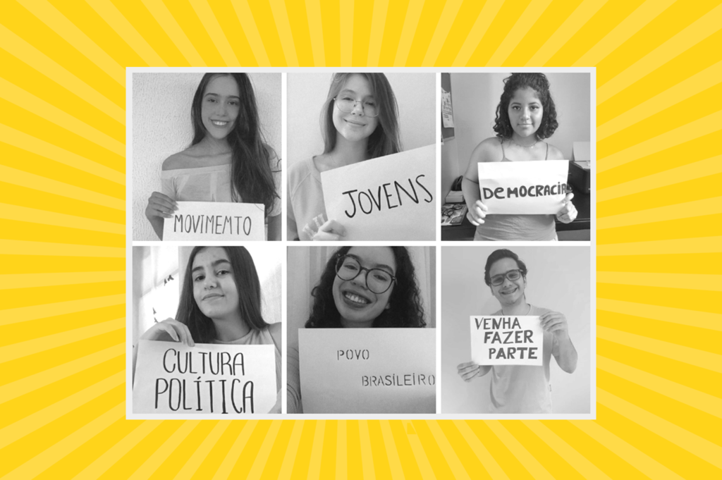 Arte com fundo amarelo e uma montagem com fotos de 6 adolescentes, cada um segura uma palavra: Movimento, Jovens, Democracia, Cultura Política, Povo Brasileiro, Venha Fazer Parte.